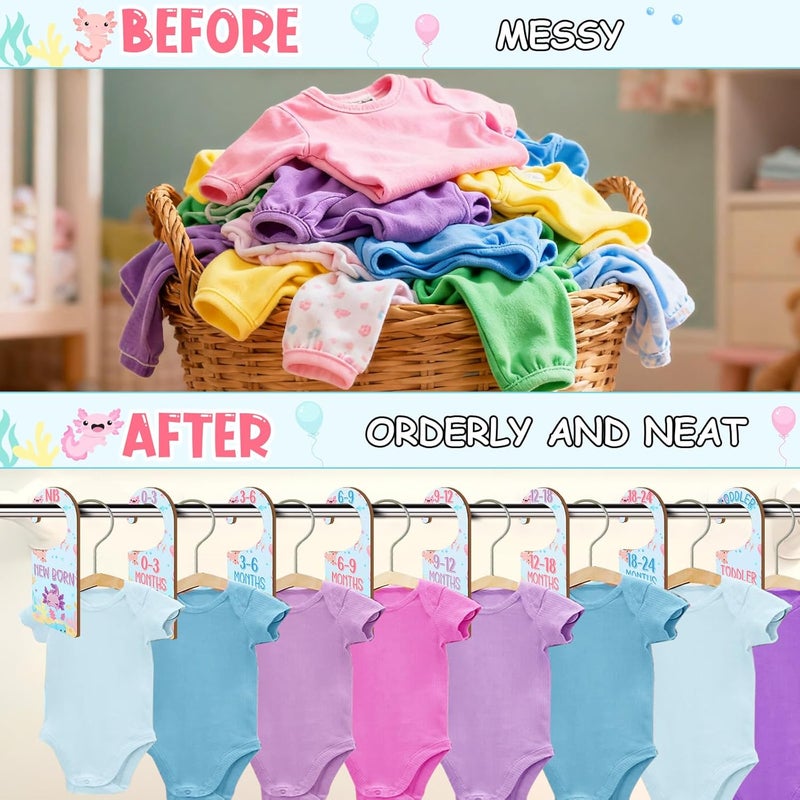 CORNER LACE Baby Closet Dividers 8PCS, Axolotl Themed Wooden Double-Sided Clothes Size Hanger/Organizer from Newborn to Toddler for Nursery Decor Baby Shower Birthday Gender Reveal Party Gift - Image 3